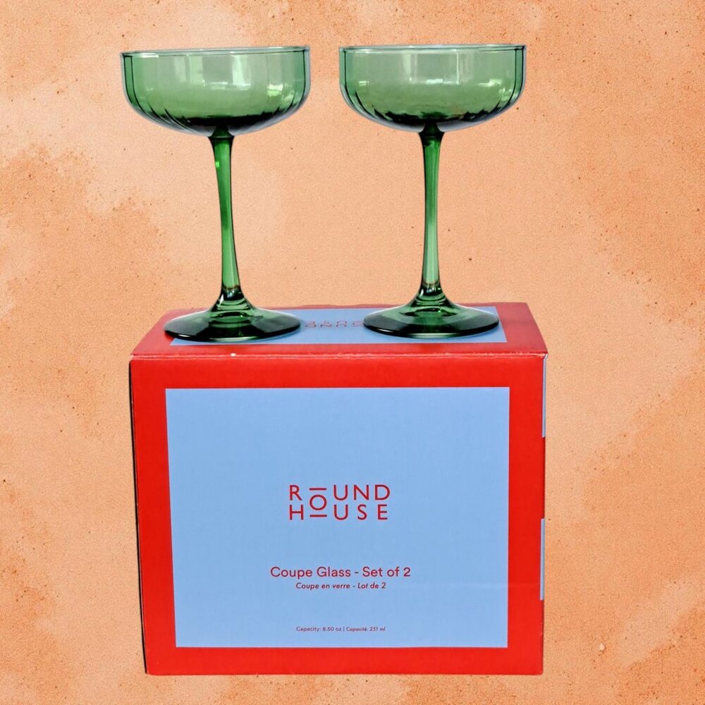 Round House Coupe Glass Set Of 2 Green Glasses NEW
